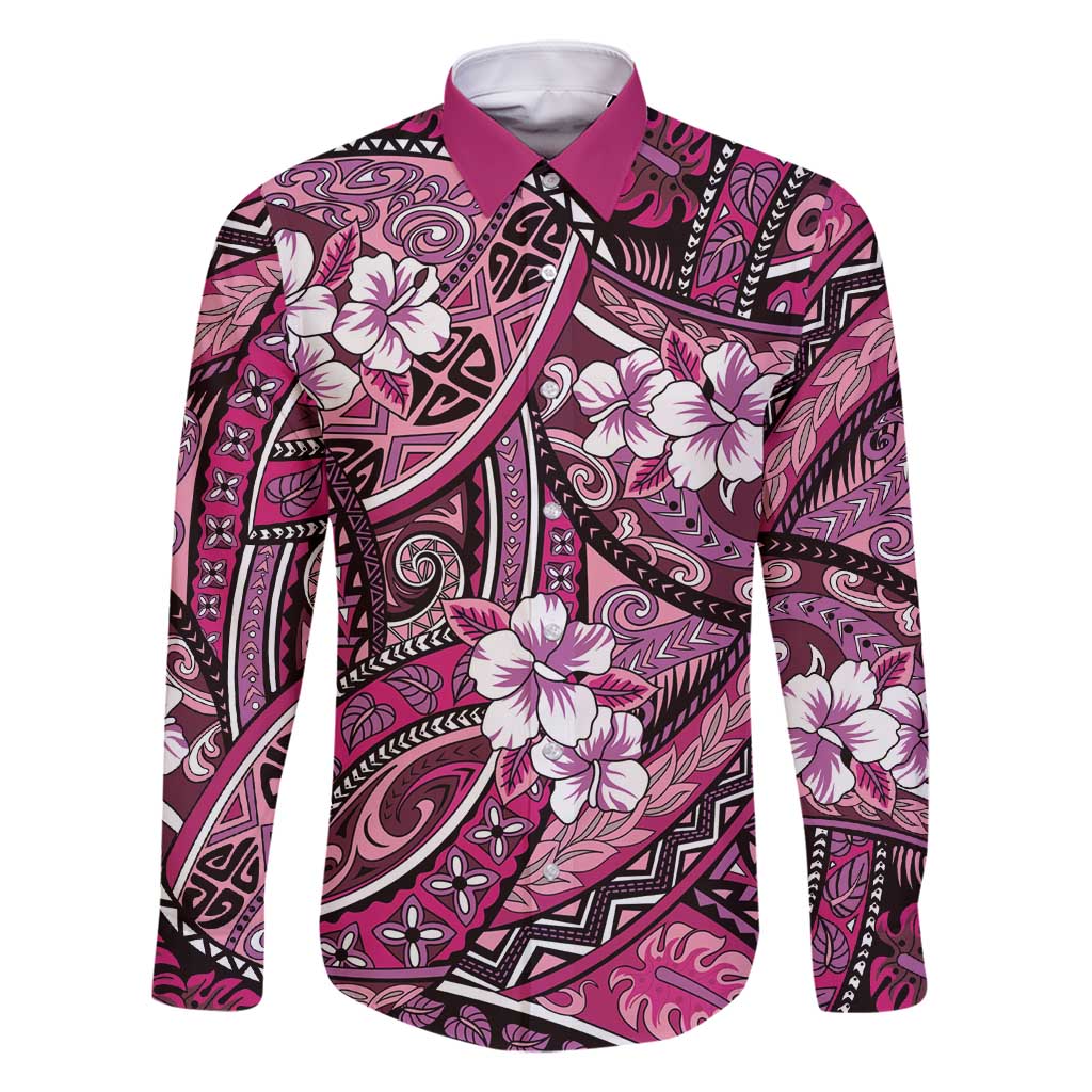 Polynesian Hibiscus Tropical Pink Floral Family Matching Long Sleeve Bodycon Dress and Hawaiian Shirt Tribal Pattern - Polynesian Pride