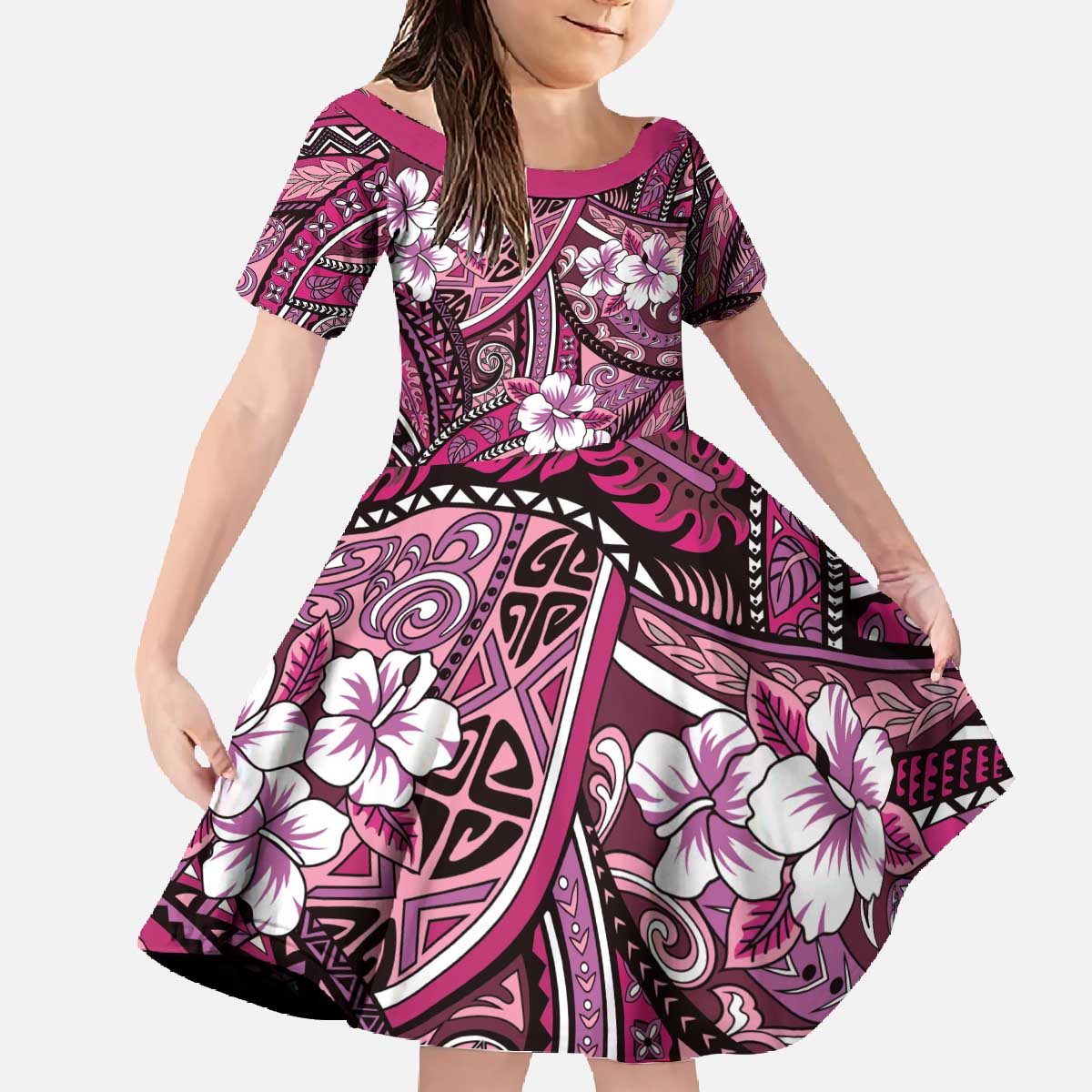Polynesian Hibiscus Tropical Pink Floral Family Matching Off The Shoulder Long Sleeve Dress and Hawaiian Shirt Tribal Pattern - Polynesian Pride