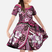 Polynesian Hibiscus Tropical Pink Floral Family Matching Off The Shoulder Long Sleeve Dress and Hawaiian Shirt Tribal Pattern - Polynesian Pride