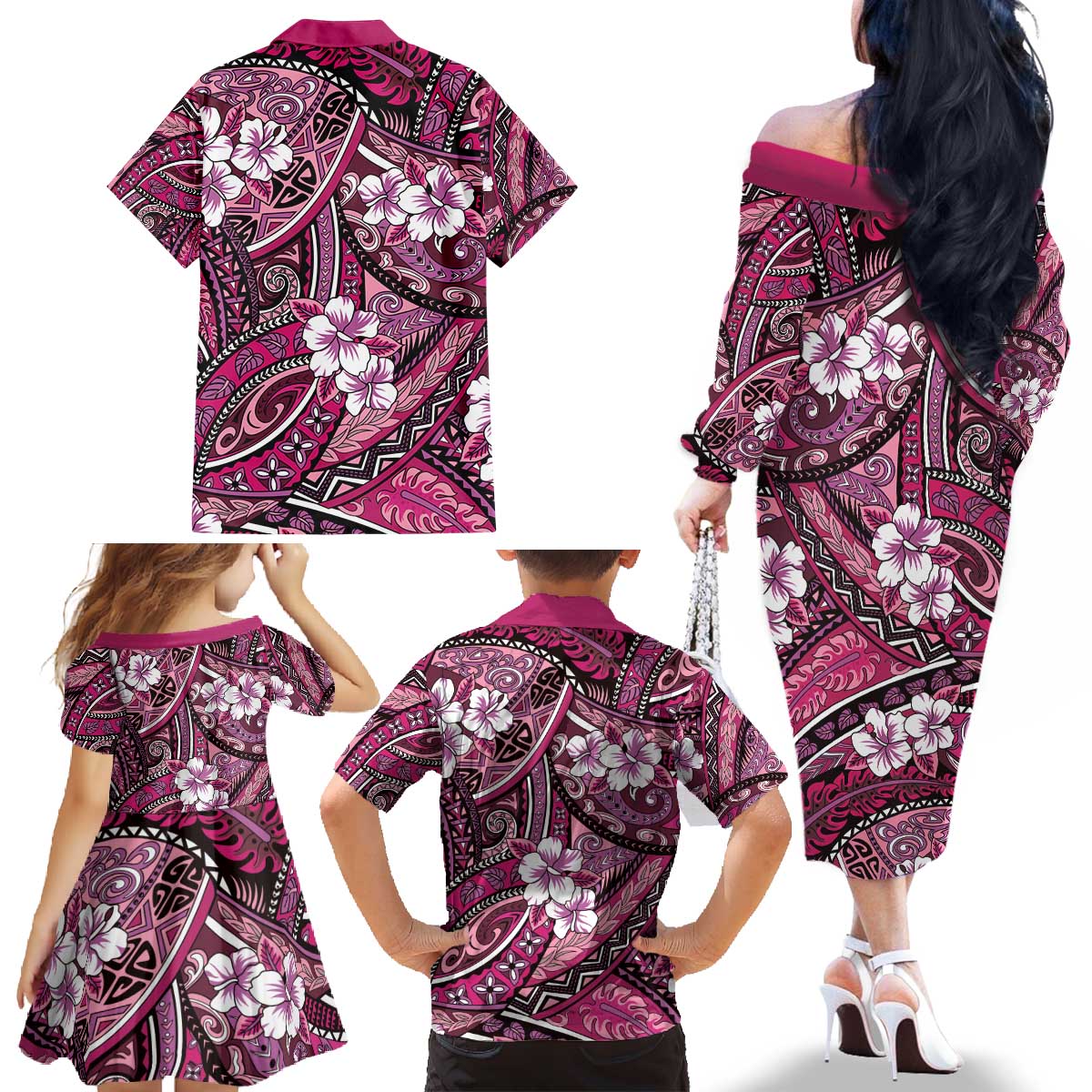 Polynesian Hibiscus Tropical Pink Floral Family Matching Off The Shoulder Long Sleeve Dress and Hawaiian Shirt Tribal Pattern - Polynesian Pride