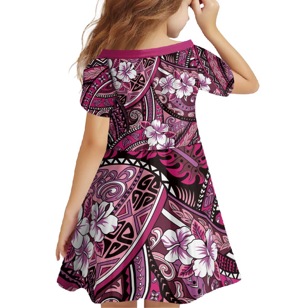 Polynesian Hibiscus Tropical Pink Floral Family Matching Off Shoulder Maxi Dress and Hawaiian Shirt Tribal Pattern - Polynesian Pride