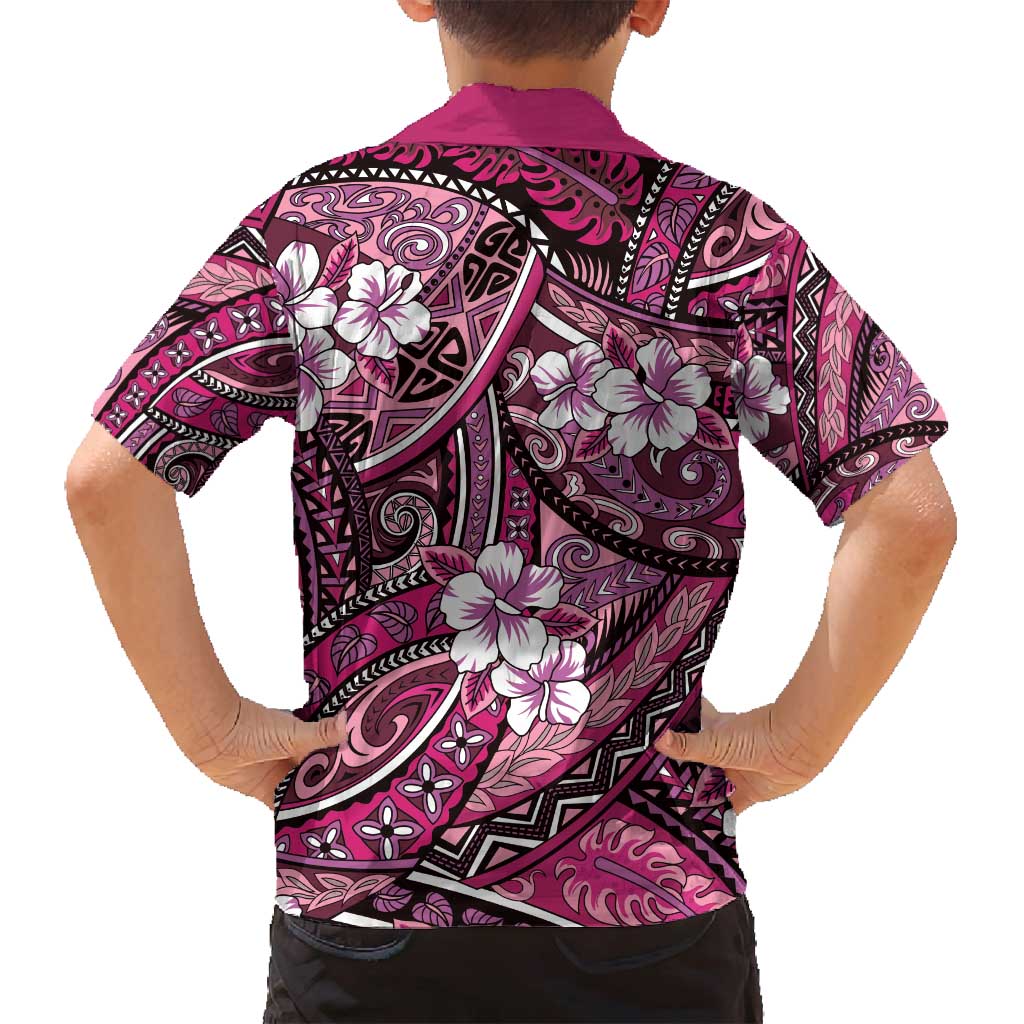 Polynesian Hibiscus Tropical Pink Floral Family Matching Off Shoulder Short Dress and Hawaiian Shirt Tribal Pattern - Polynesian Pride