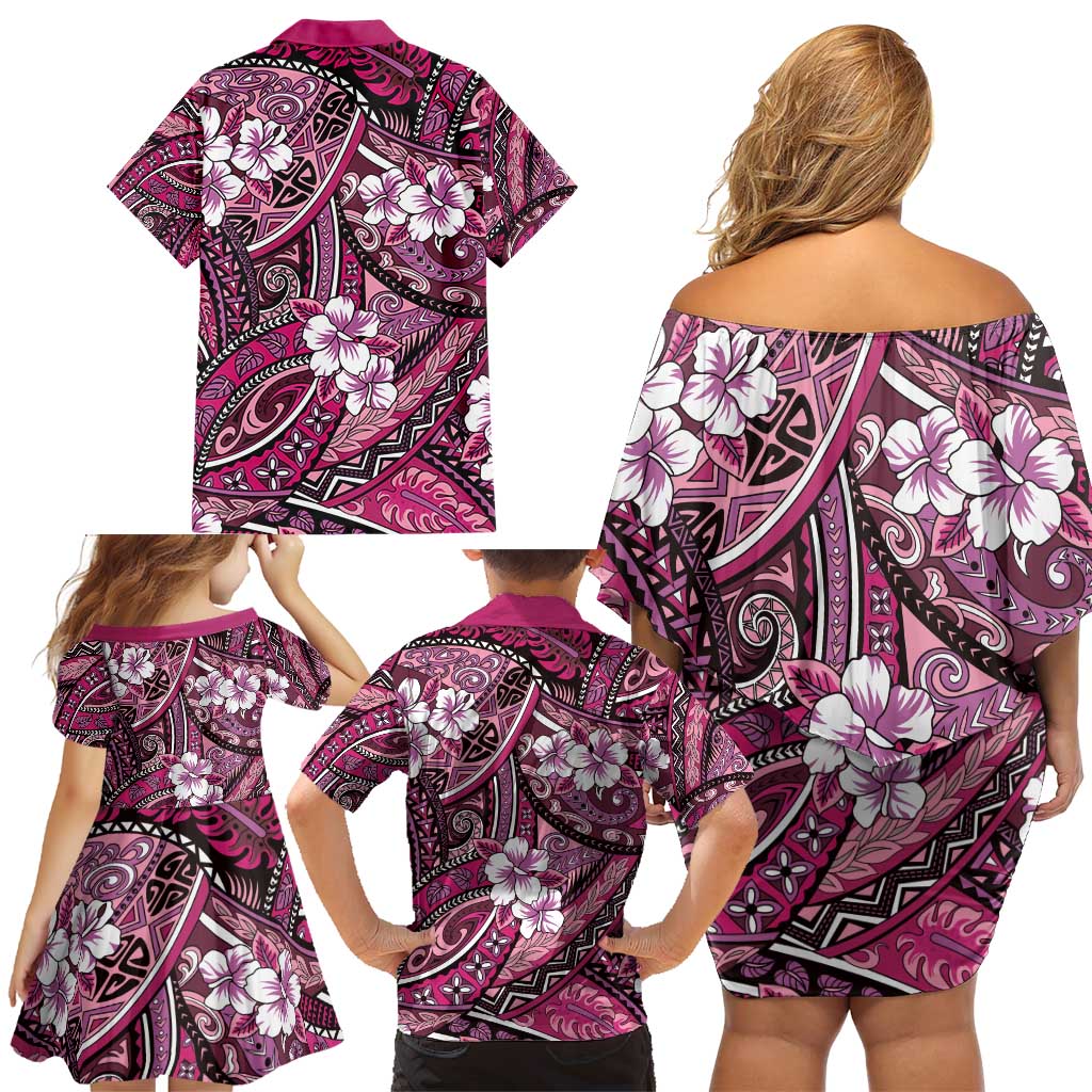 Polynesian Hibiscus Tropical Pink Floral Family Matching Off Shoulder Short Dress and Hawaiian Shirt Tribal Pattern - Polynesian Pride