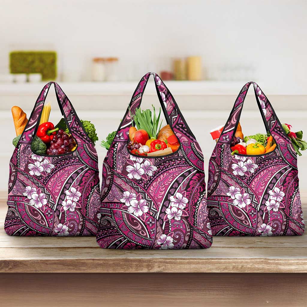 Polynesian Hibiscus Tropical Pink Floral Grocery Bag Tribal Pattern LT01 3-pack One Size Pink - Polynesian Pride
