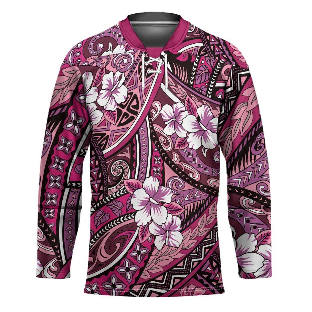 Polynesian Hibiscus Tropical Pink Floral Hockey Jersey Tribal Pattern LT01 Unisex Pink - Polynesian Pride