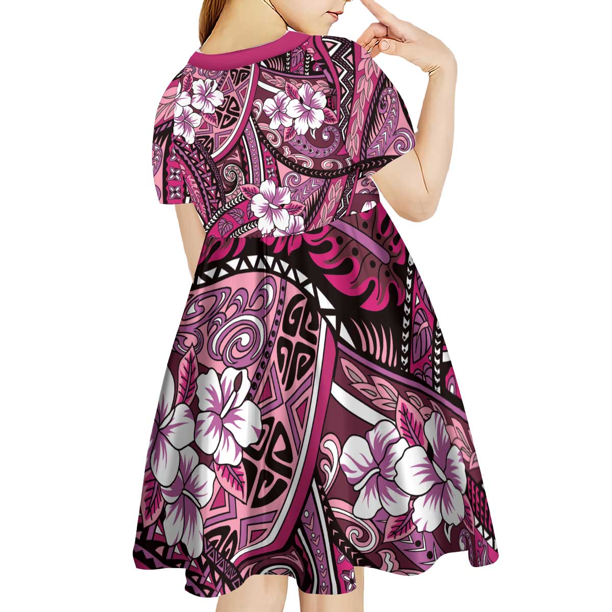 Polynesian Hibiscus Tropical Pink Floral Kid Short Sleeve Dress Tribal Pattern - Polynesian Pride
