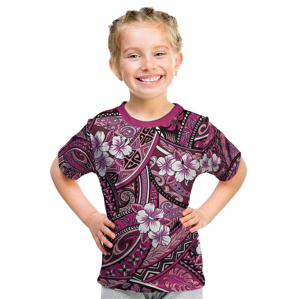 Polynesian Hibiscus Tropical Pink Floral Kid T Shirt Tribal Pattern - Polynesian Pride