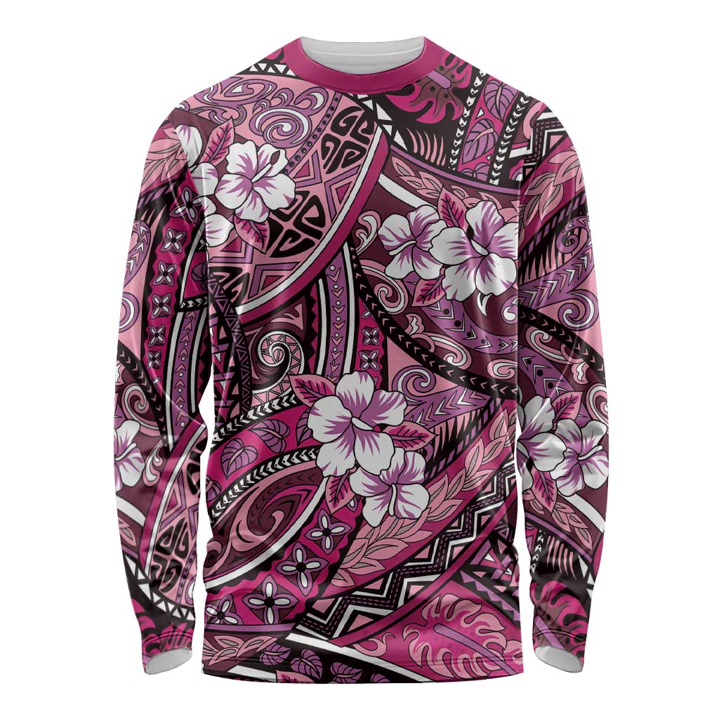 Polynesian Hibiscus Tropical Pink Floral Long Sleeve Shirt Tribal Pattern LT01 Unisex Pink - Polynesian Pride