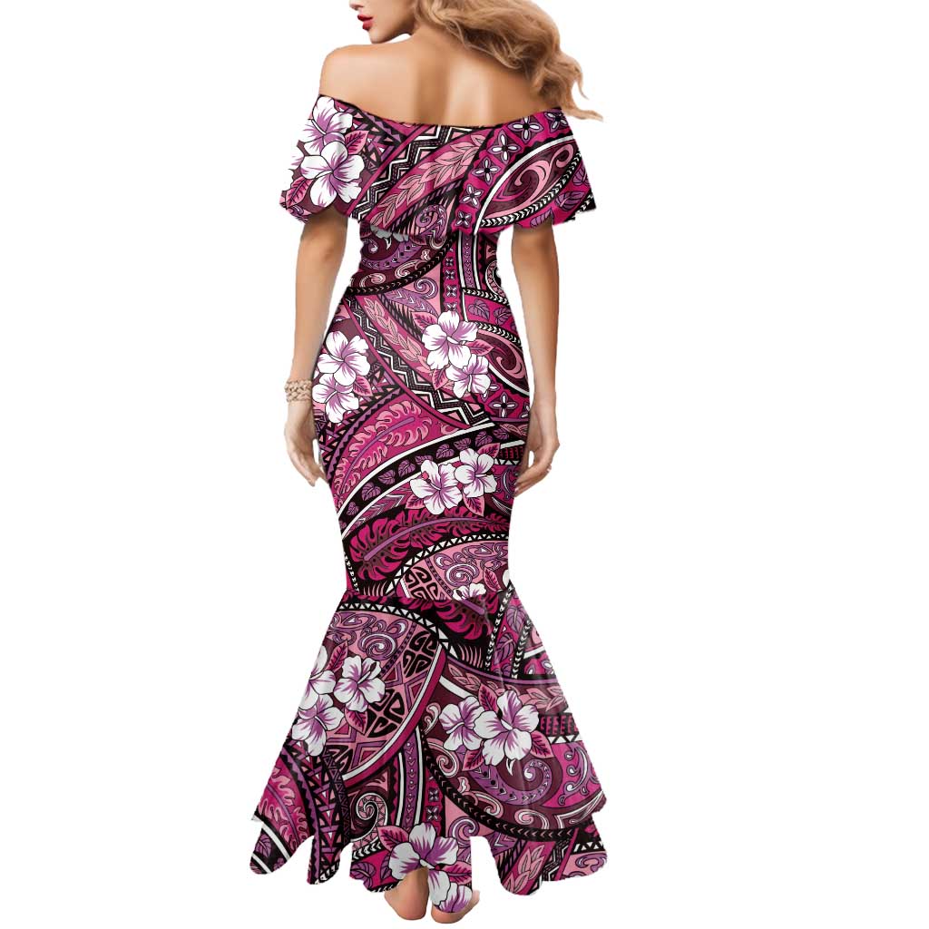 Polynesian Hibiscus Tropical Pink Floral Mermaid Dress Tribal Pattern - Polynesian Pride