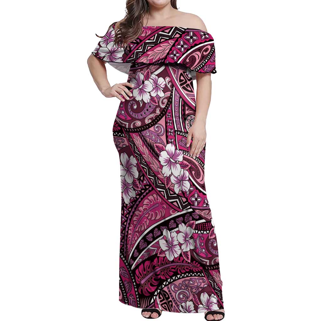 Polynesian Hibiscus Tropical Pink Floral Off Shoulder Maxi Dress Tribal Pattern LT01 Women Pink - Polynesian Pride