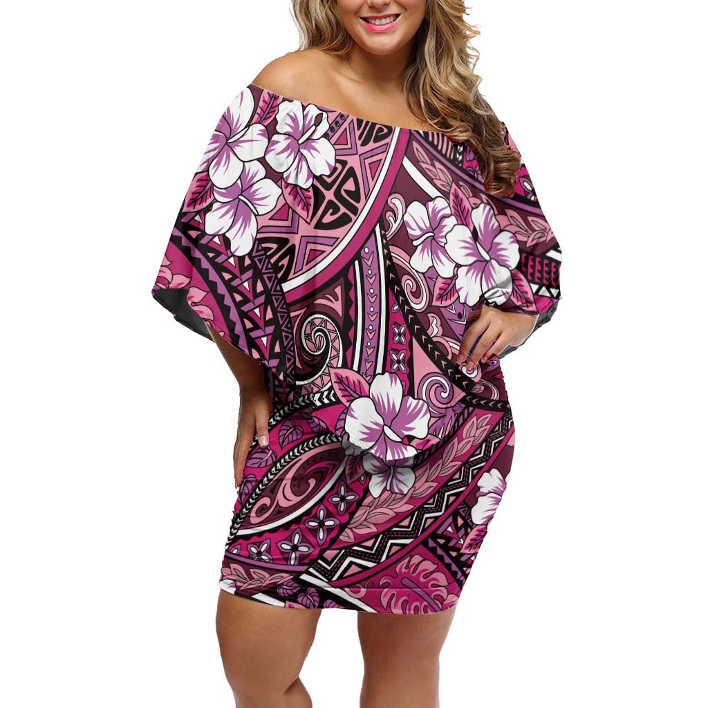 Polynesian Hibiscus Tropical Pink Floral Off Shoulder Short Dress Tribal Pattern - Polynesian Pride