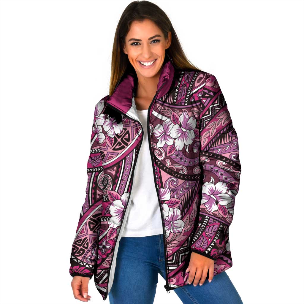 Polynesian Hibiscus Tropical Pink Floral Padded Jacket Tribal Pattern LT01 Women Pink - Polynesian Pride