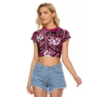 Polynesian Hibiscus Tropical Pink Floral Raglan Cropped T Shirt Tribal Pattern - Polynesian Pride