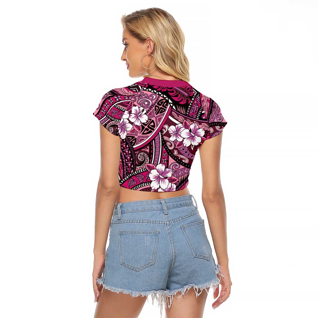 Polynesian Hibiscus Tropical Pink Floral Raglan Cropped T Shirt Tribal Pattern - Polynesian Pride