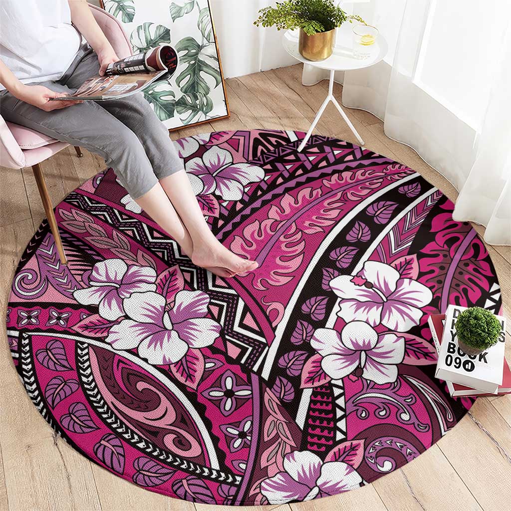 Polynesian Hibiscus Tropical Pink Floral Round Carpet Tribal Pattern - Polynesian Pride