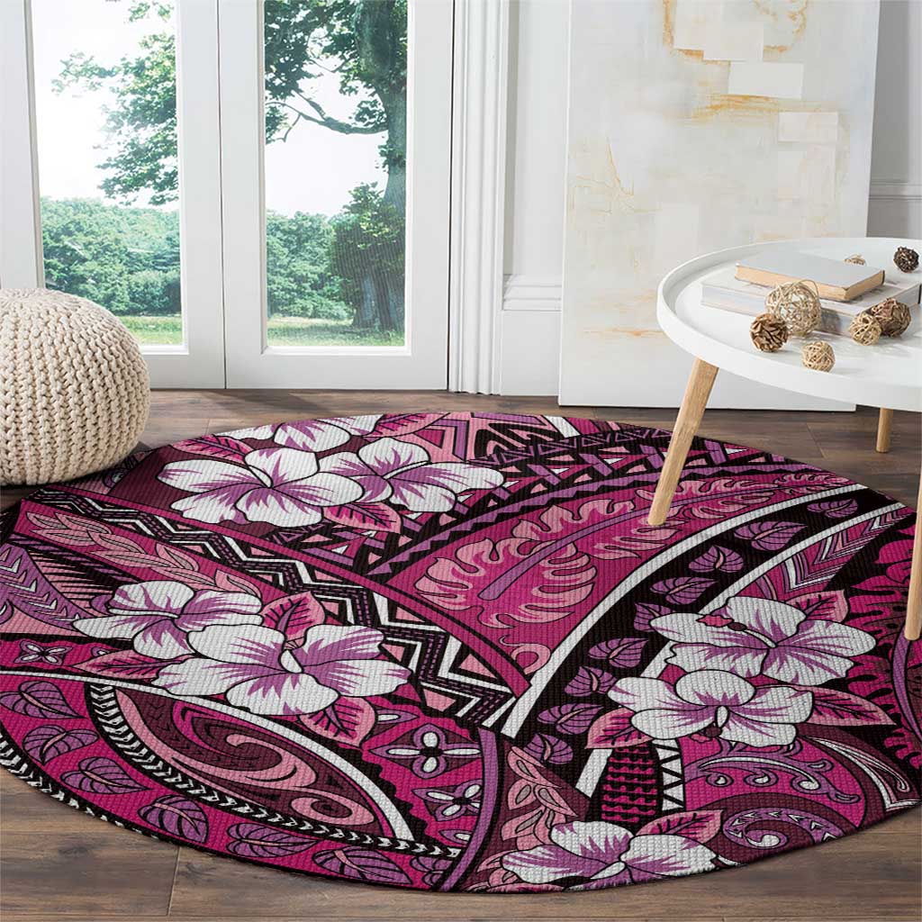 Polynesian Hibiscus Tropical Pink Floral Round Carpet Tribal Pattern - Polynesian Pride