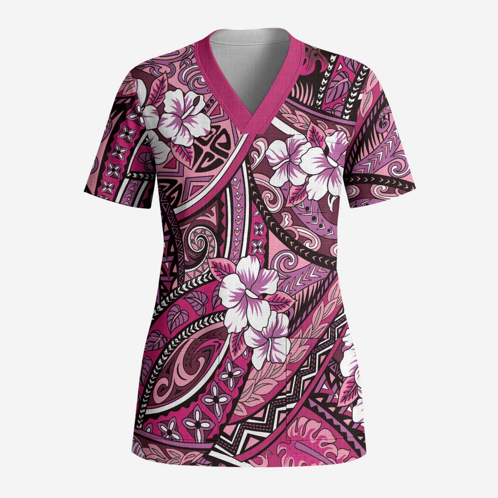 Polynesian Hibiscus Tropical Pink Floral Scrub Top Tribal Pattern - Polynesian Pride