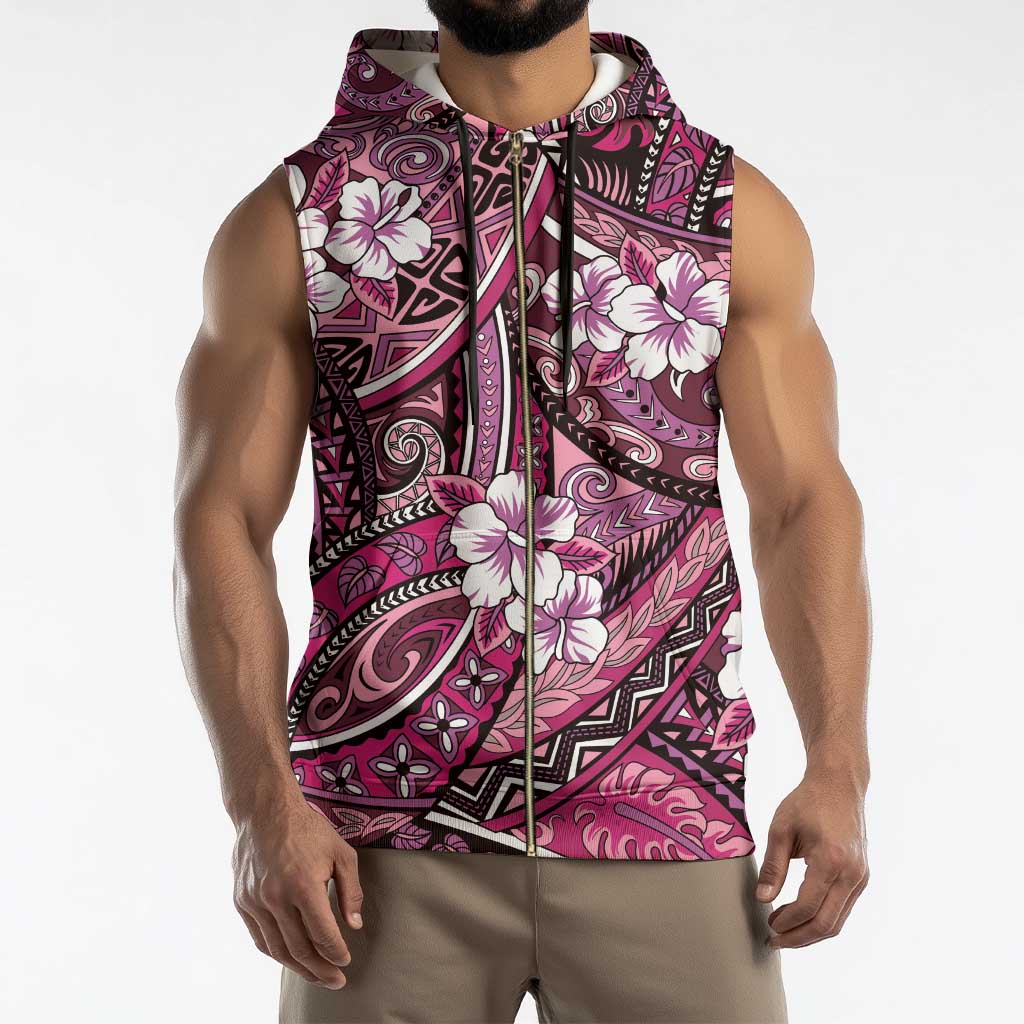 Polynesian Hibiscus Tropical Pink Floral Sleeveless Zip Hoodie Tribal Pattern - Polynesian Pride