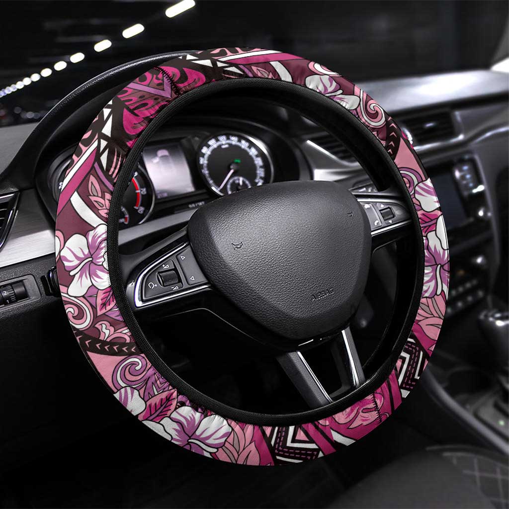 Polynesian Hibiscus Tropical Pink Floral Steering Wheel Cover Tribal Pattern LT01 Universal Fit Pink - Polynesian Pride