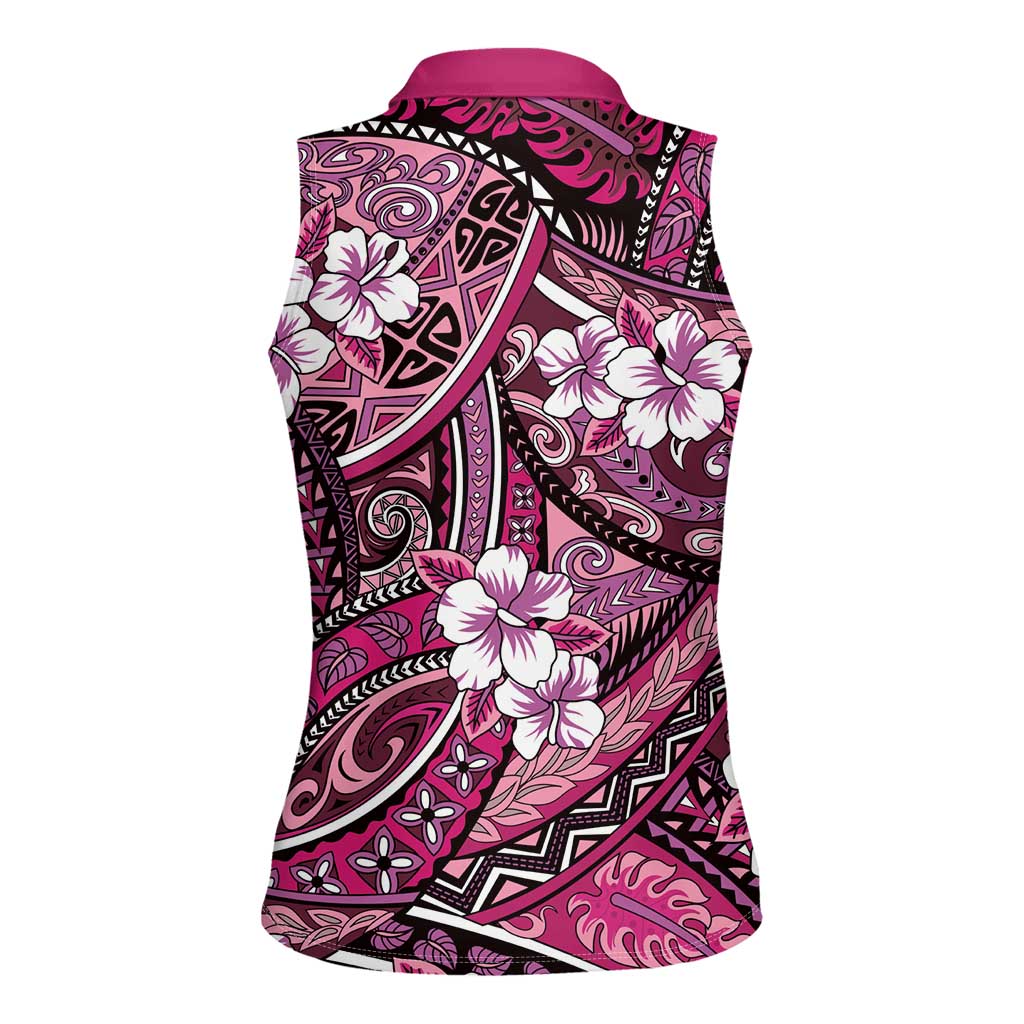 Polynesian Hibiscus Tropical Pink Floral Women Sleeveless Polo Shirt Tribal Pattern LT01 - Polynesian Pride
