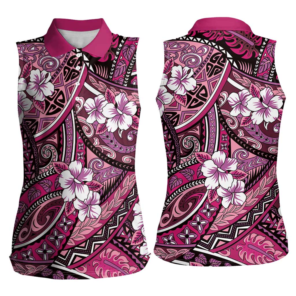 Polynesian Hibiscus Tropical Pink Floral Women Sleeveless Polo Shirt Tribal Pattern LT01 - Polynesian Pride