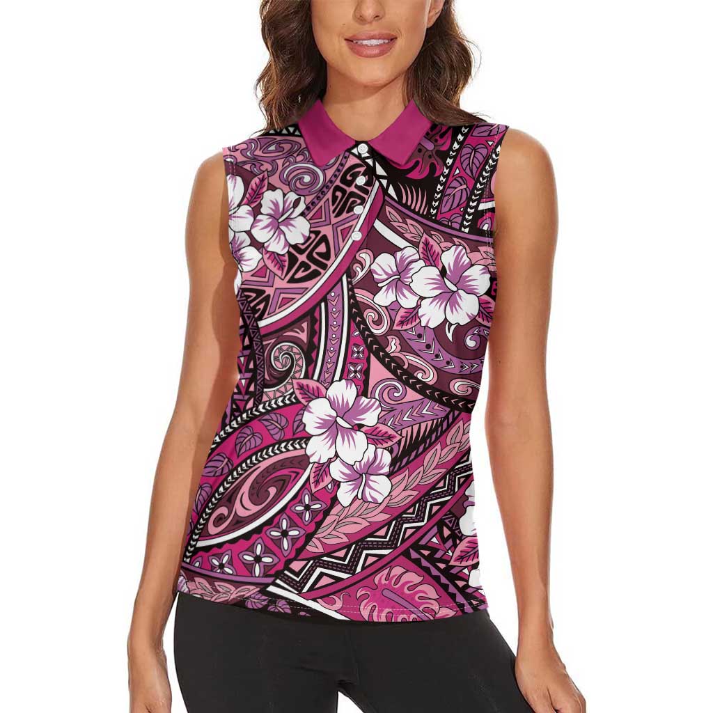 Polynesian Hibiscus Tropical Pink Floral Women Sleeveless Polo Shirt Tribal Pattern LT01 - Polynesian Pride