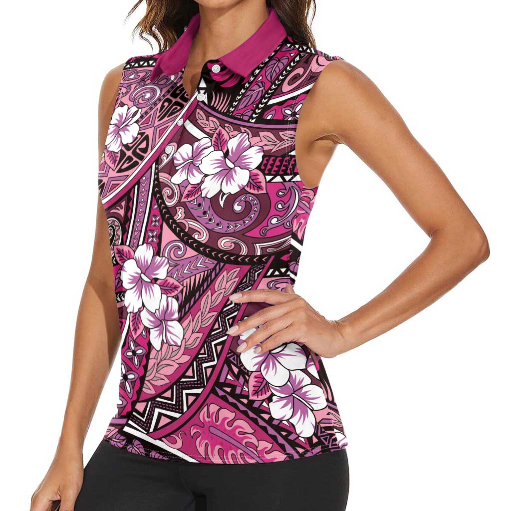Polynesian Hibiscus Tropical Pink Floral Women Sleeveless Polo Shirt Tribal Pattern LT01 - Polynesian Pride