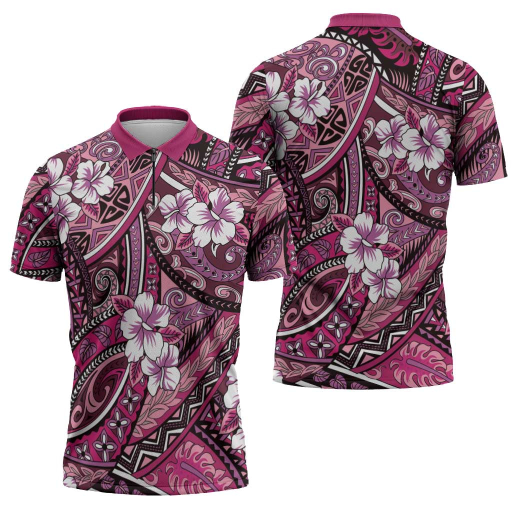 Polynesian Hibiscus Tropical Pink Floral Zipper Polo Shirt Tribal Pattern LT01 - Polynesian Pride