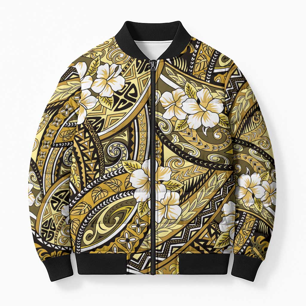 Polynesian Hibiscus Tropical Yellow Floral Bomber Puffer Jacket Tribal Pattern LT01 Unisex Yellow - Polynesian Pride