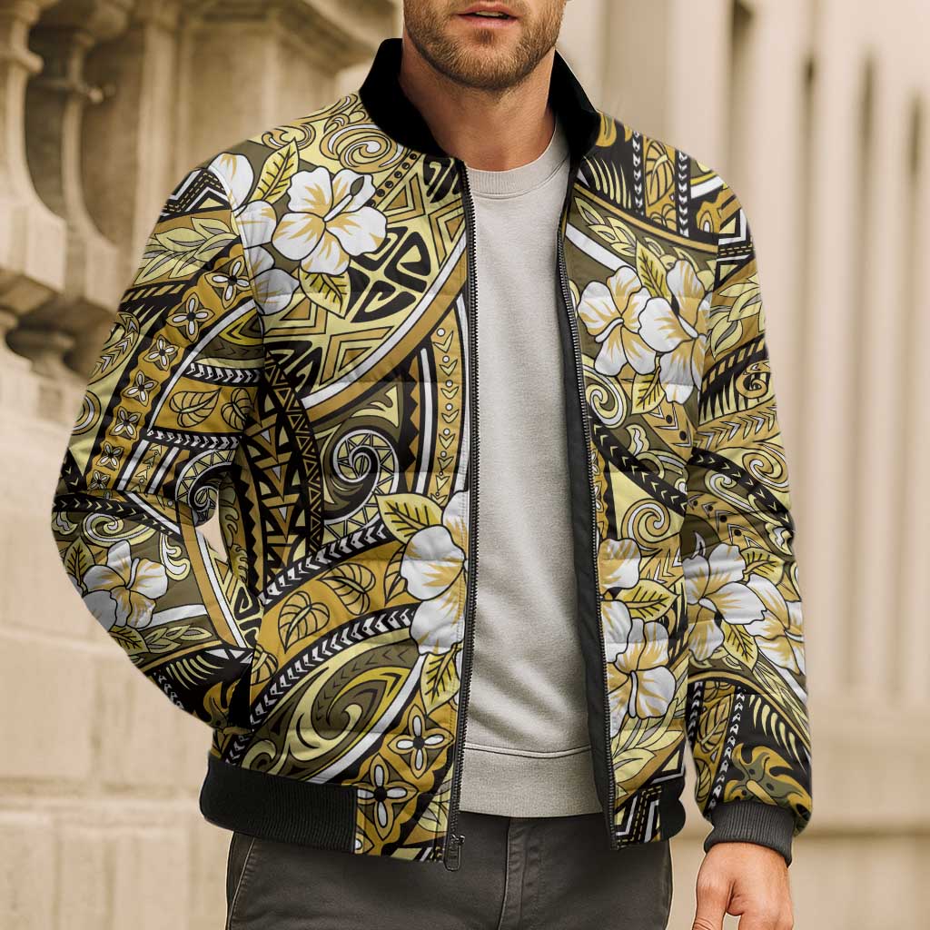 Polynesian Hibiscus Tropical Yellow Floral Bomber Puffer Jacket Tribal Pattern LT01 - Polynesian Pride