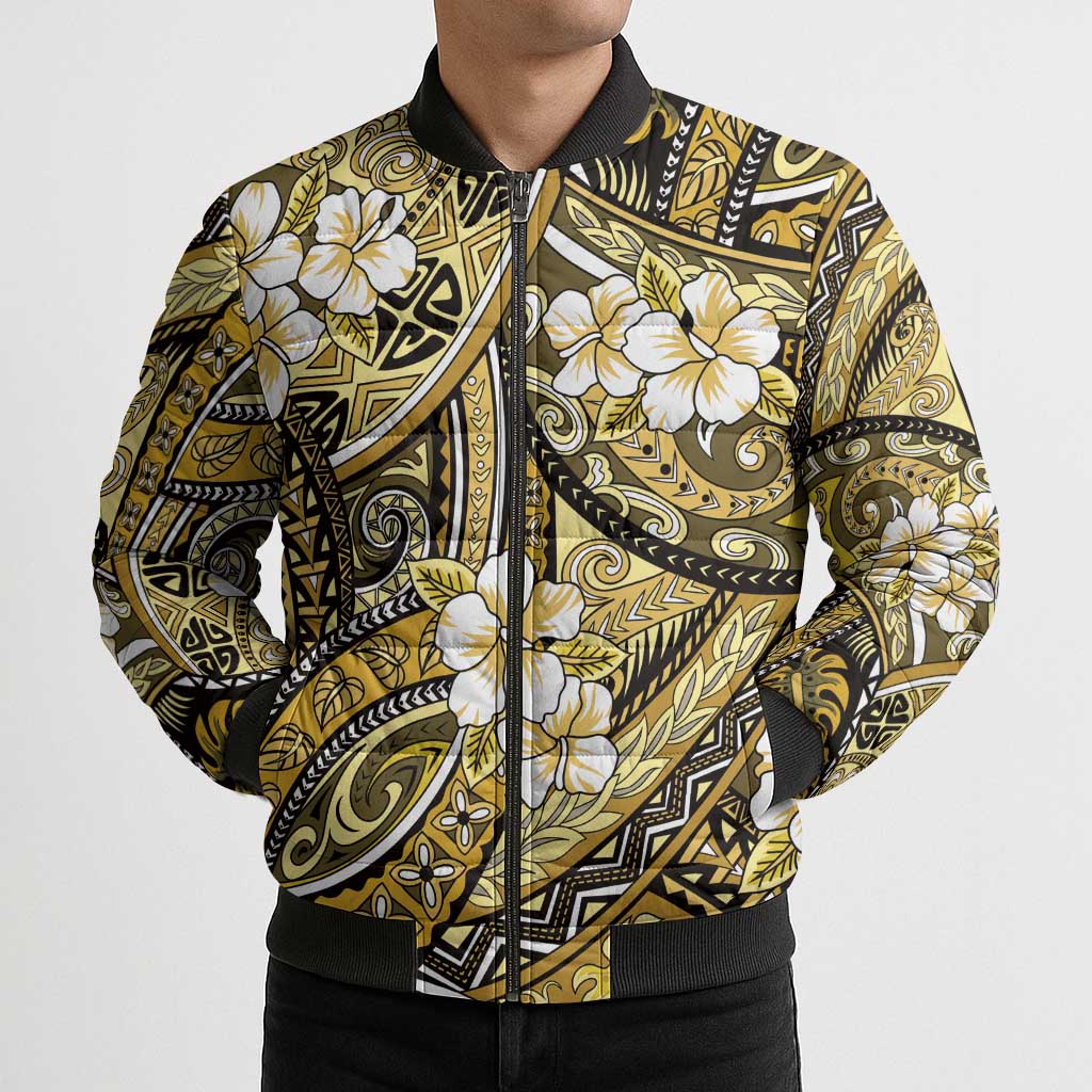 Polynesian Hibiscus Tropical Yellow Floral Bomber Puffer Jacket Tribal Pattern LT01 - Polynesian Pride