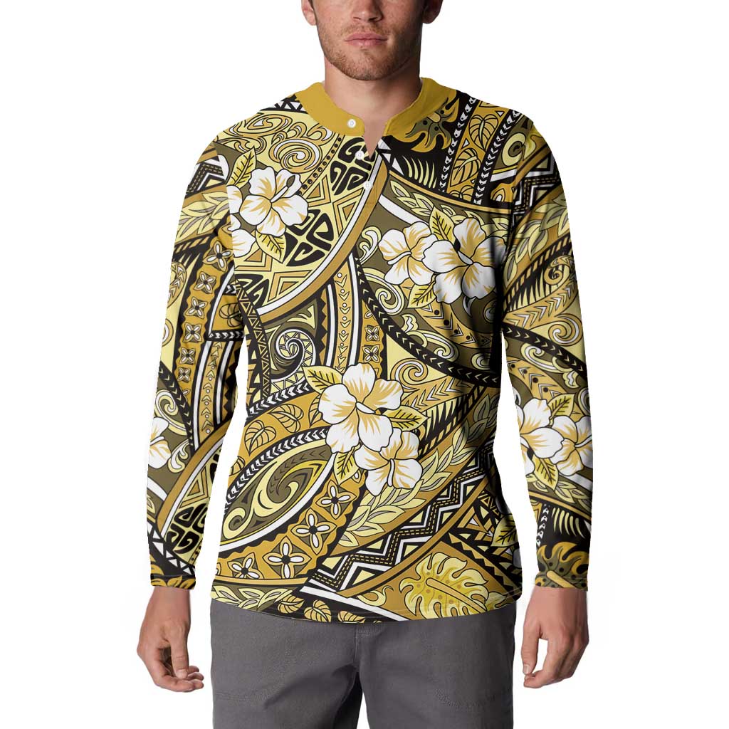 Polynesian Hibiscus Tropical Yellow Floral Button Sweatshirt Tribal Pattern LT01 - Polynesian Pride
