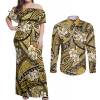 Polynesian Hibiscus Tropical Yellow Floral Couples Matching Off Shoulder Maxi Dress and Long Sleeve Button Shirt Tribal Pattern LT01 Yellow - Polynesian Pride