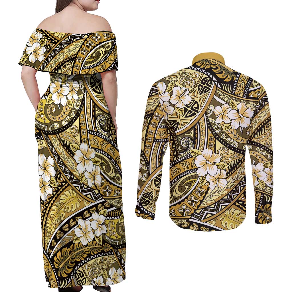 Polynesian Hibiscus Tropical Yellow Floral Couples Matching Off Shoulder Maxi Dress and Long Sleeve Button Shirt Tribal Pattern LT01 - Polynesian Pride