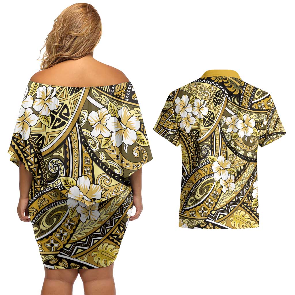 Polynesian Hibiscus Tropical Yellow Floral Couples Matching Off Shoulder Short Dress and Hawaiian Shirt Tribal Pattern - Polynesian Pride