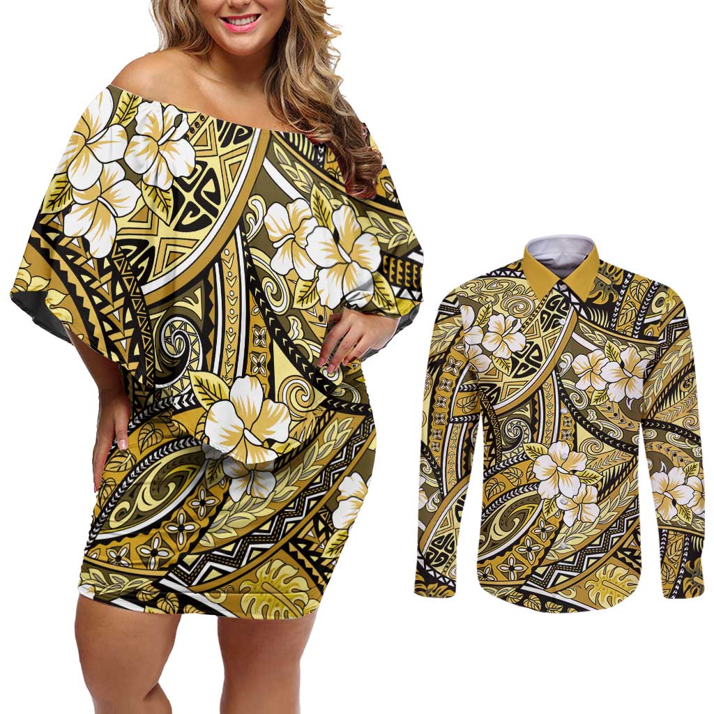 Polynesian Hibiscus Tropical Yellow Floral Couples Matching Off Shoulder Short Dress and Long Sleeve Button Shirt Tribal Pattern LT01 Yellow - Polynesian Pride