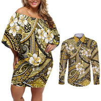 Polynesian Hibiscus Tropical Yellow Floral Couples Matching Off Shoulder Short Dress and Long Sleeve Button Shirt Tribal Pattern LT01 Yellow - Polynesian Pride