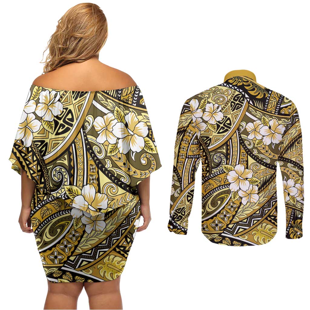 Polynesian Hibiscus Tropical Yellow Floral Couples Matching Off Shoulder Short Dress and Long Sleeve Button Shirt Tribal Pattern LT01 - Polynesian Pride