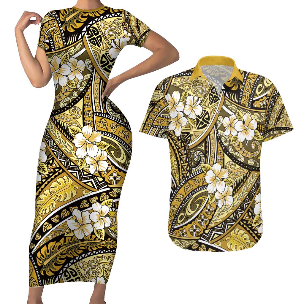 Polynesian Hibiscus Tropical Yellow Floral Couples Matching Short Sleeve Bodycon Dress and Hawaiian Shirt Tribal Pattern - Polynesian Pride