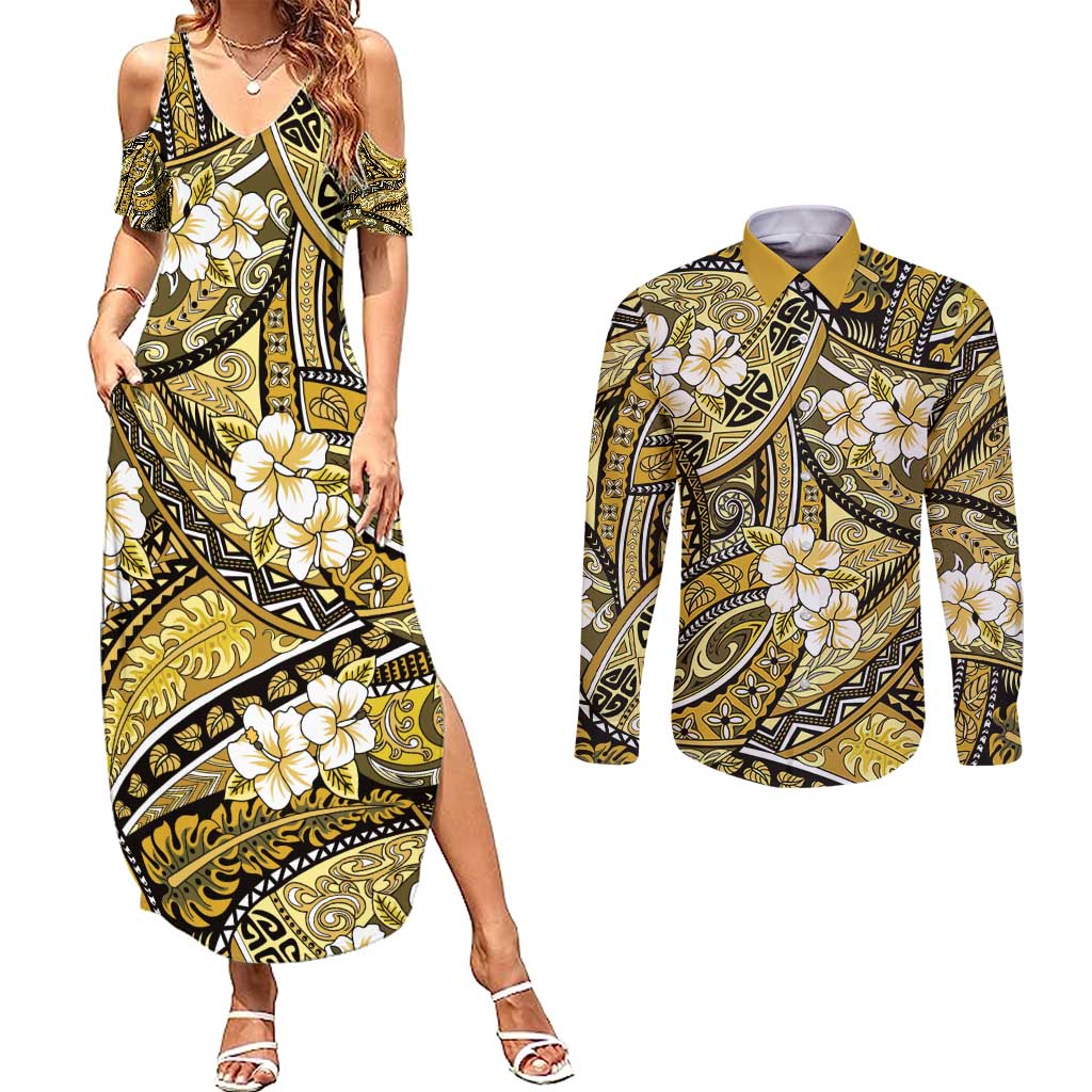 Polynesian Hibiscus Tropical Yellow Floral Couples Matching Summer Maxi Dress and Long Sleeve Button Shirt Tribal Pattern LT01 Yellow - Polynesian Pride