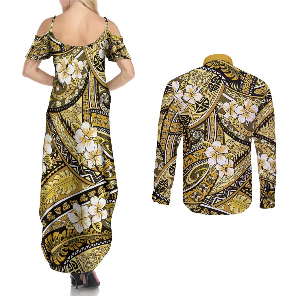Polynesian Hibiscus Tropical Yellow Floral Couples Matching Summer Maxi Dress and Long Sleeve Button Shirt Tribal Pattern LT01 - Polynesian Pride