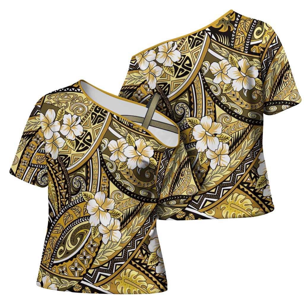 Polynesian Hibiscus Tropical Yellow Floral Cross Shoulder Shirt Tribal Pattern LT01 - Polynesian Pride