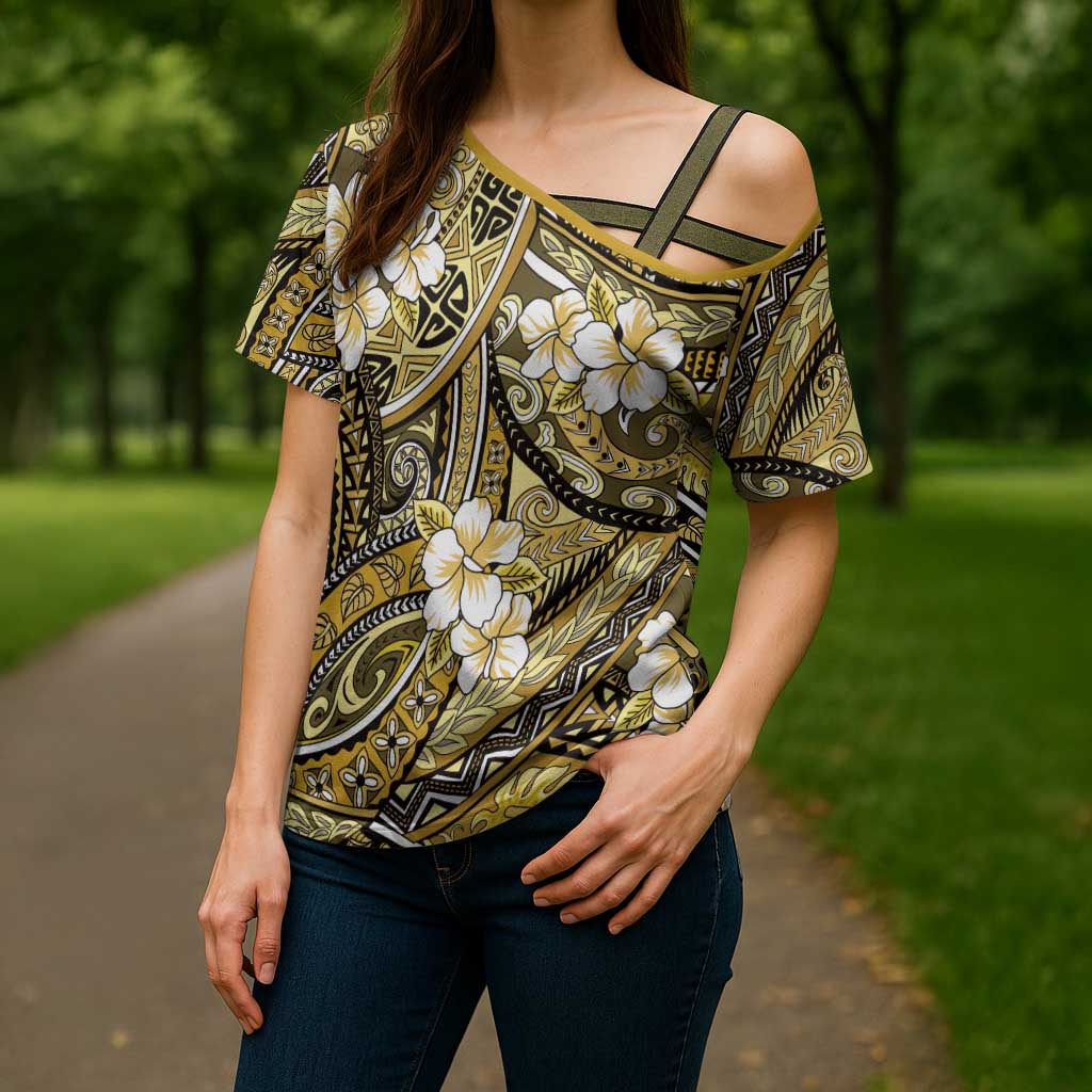 Polynesian Hibiscus Tropical Yellow Floral Cross Shoulder Shirt Tribal Pattern LT01 - Polynesian Pride