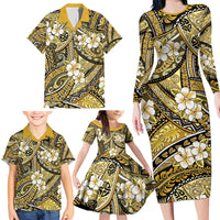Polynesian Hibiscus Tropical Yellow Floral Family Matching Long Sleeve Bodycon Dress and Hawaiian Shirt Tribal Pattern - Polynesian Pride