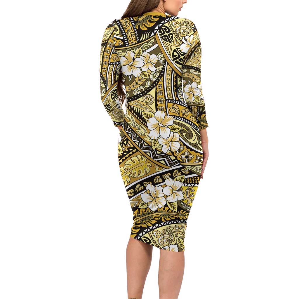 Polynesian Hibiscus Tropical Yellow Floral Family Matching Long Sleeve Bodycon Dress and Hawaiian Shirt Tribal Pattern - Polynesian Pride