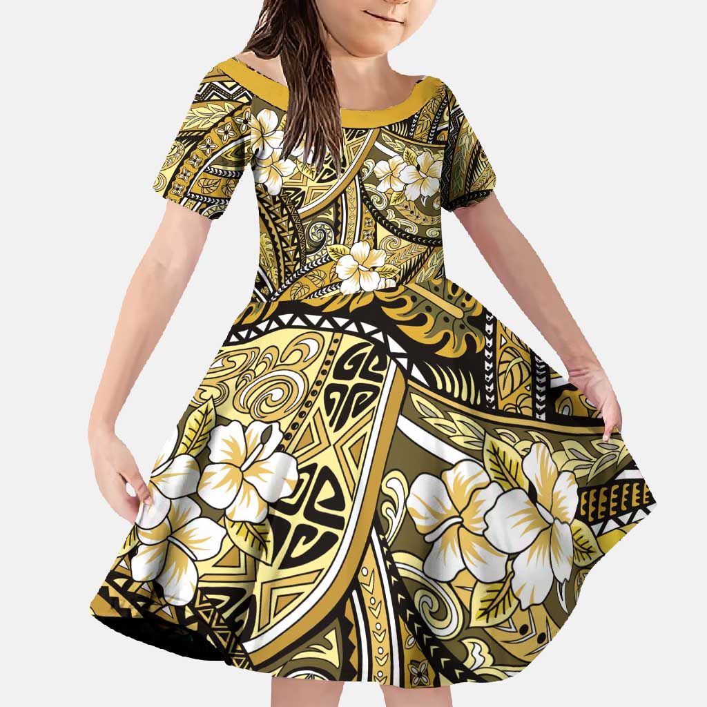 Polynesian Hibiscus Tropical Yellow Floral Family Matching Mermaid Dress and Hawaiian Shirt Tribal Pattern - Polynesian Pride