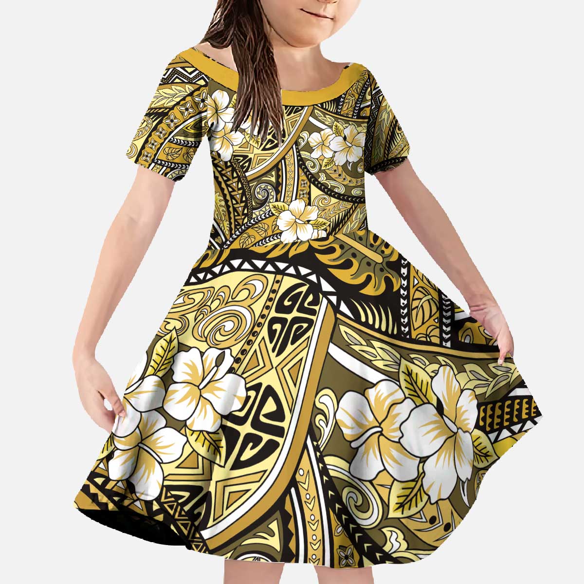 Polynesian Hibiscus Tropical Yellow Floral Family Matching Off The Shoulder Long Sleeve Dress and Hawaiian Shirt Tribal Pattern - Polynesian Pride