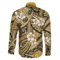 Polynesian Hibiscus Tropical Yellow Floral Family Matching Off The Shoulder Long Sleeve Dress and Hawaiian Shirt Tribal Pattern - Polynesian Pride