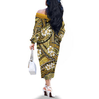 Polynesian Hibiscus Tropical Yellow Floral Family Matching Off The Shoulder Long Sleeve Dress and Hawaiian Shirt Tribal Pattern - Polynesian Pride