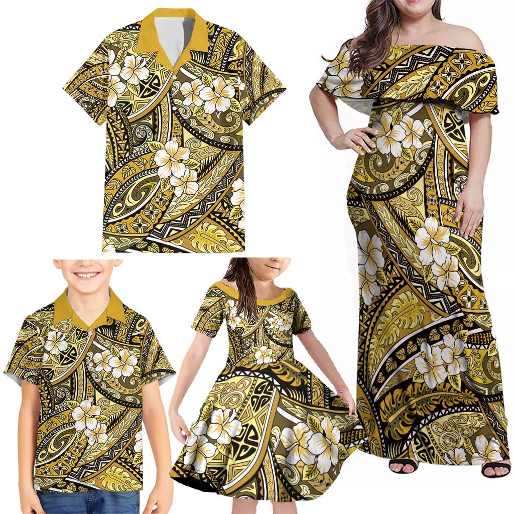 Polynesian Hibiscus Tropical Yellow Floral Family Matching Off Shoulder Maxi Dress and Hawaiian Shirt Tribal Pattern - Polynesian Pride